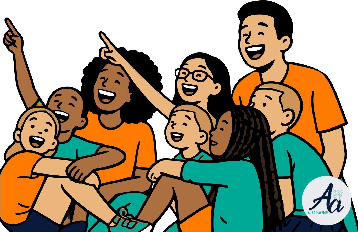 Un groupe d’enfants et d’adolescents souriants, l’un d’eux montre quelque chose du doigt