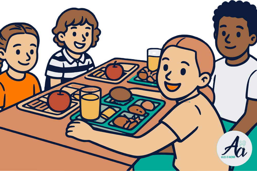 Des enfants attablés devant un repas servi sur des plateaux