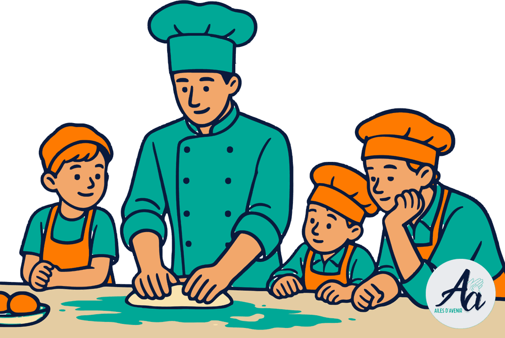 Un cuisinier et des enfants coiffés de toques préparent un repas ensemble