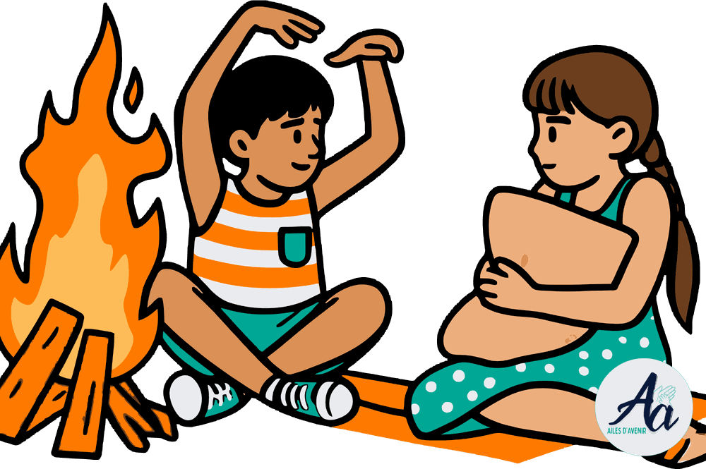 Deux enfants assis autour d’un feu de camp le soir