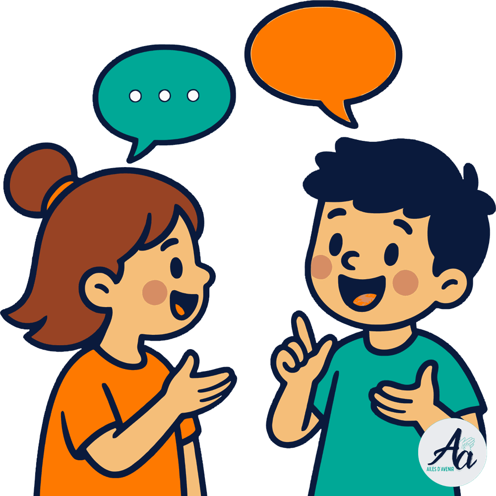 Deux enfants qui discutent, des bulles de dialogue au-dessus d’eux