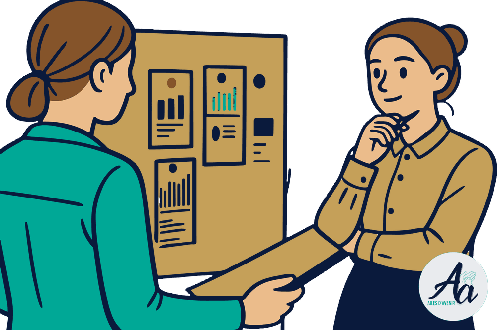 Deux professionnelles échangent devant un tableau de données