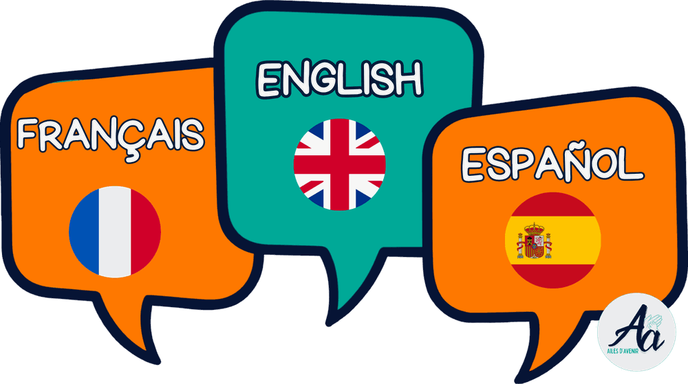 Trois bulles de dialogue portant les mots Français, English et Español avec leurs drapeaux