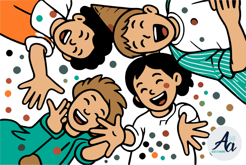 Des enfants qui rient et lèvent les bras au milieu de confettis