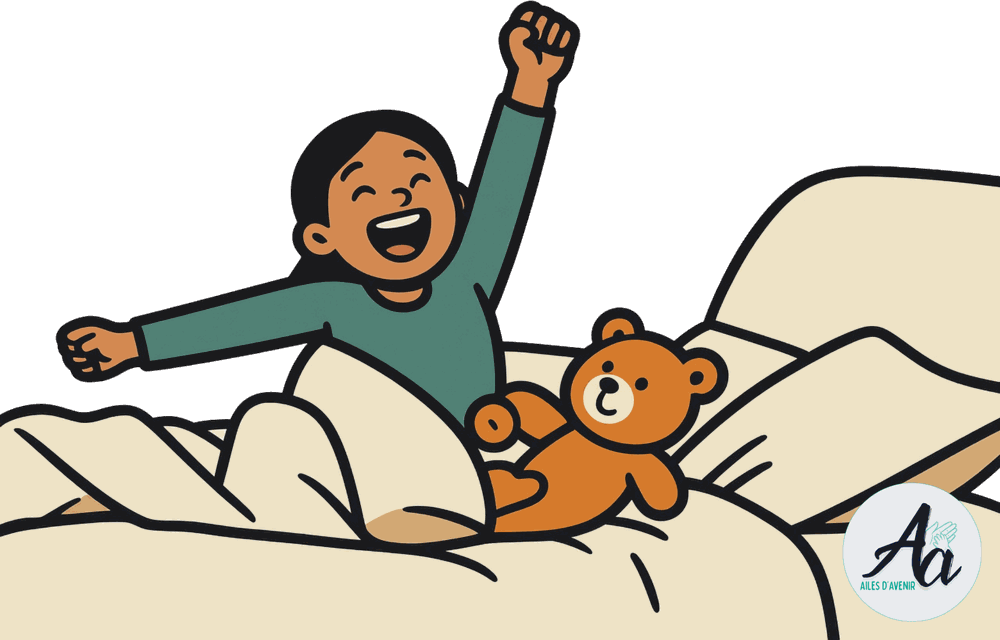 Un enfant s’étire dans son lit au réveil, son ours en peluche à côté de lui
