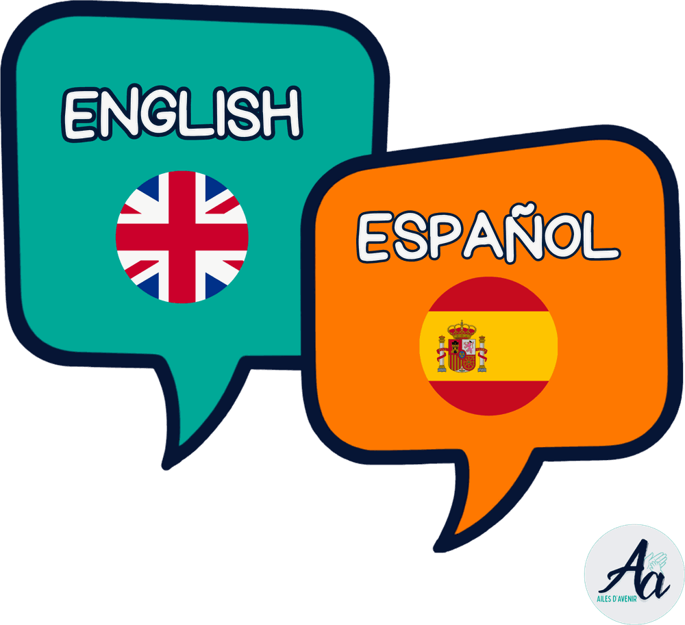 Deux bulles de dialogue portant les mots English et Español avec leurs drapeaux
